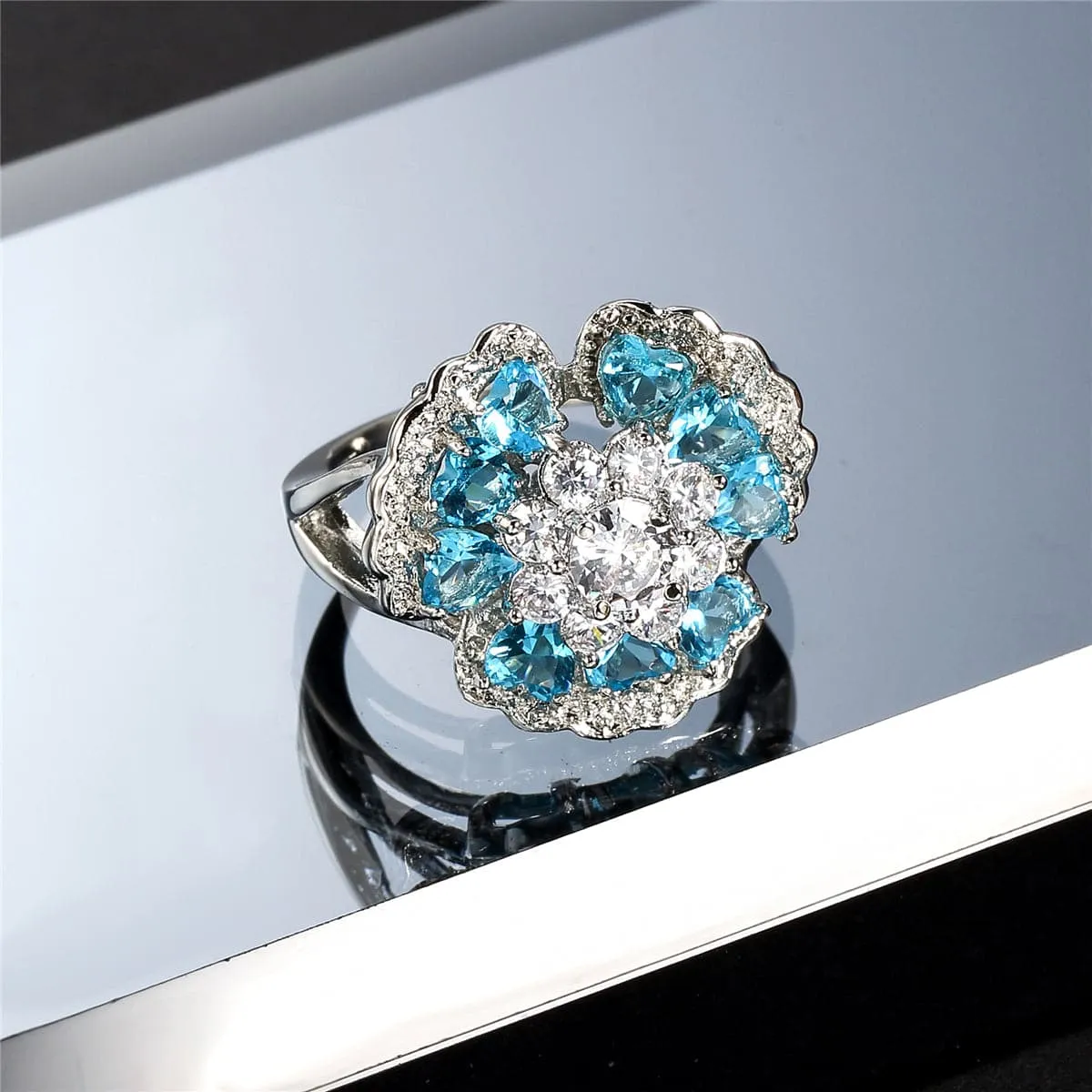 Sea Blue Cubic Zirconia & Crystal Floral Heart Ring