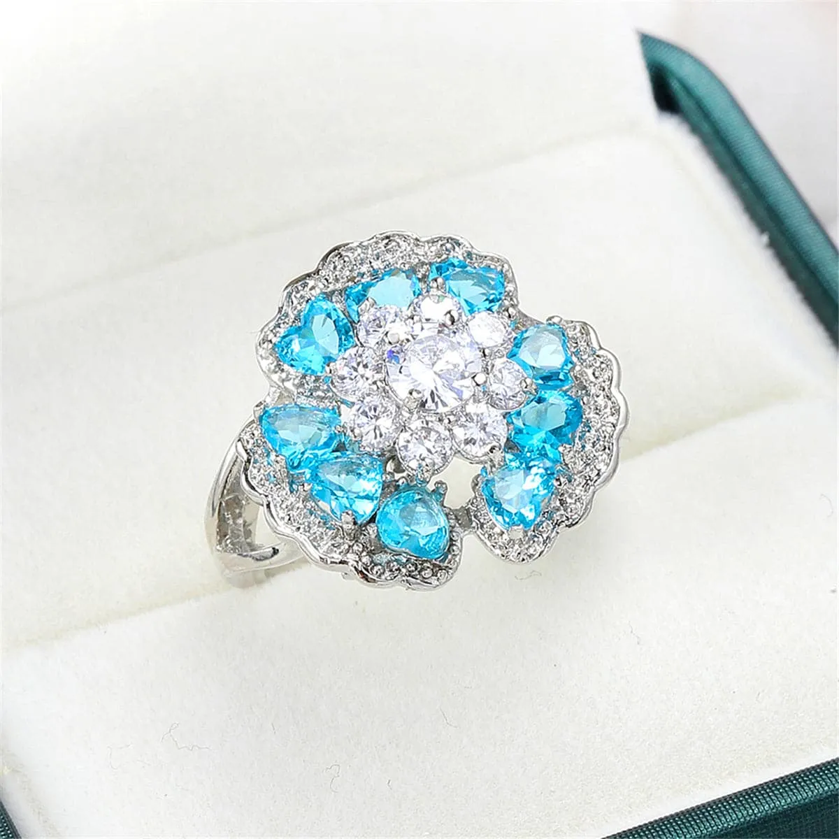 Sea Blue Cubic Zirconia & Crystal Floral Heart Ring