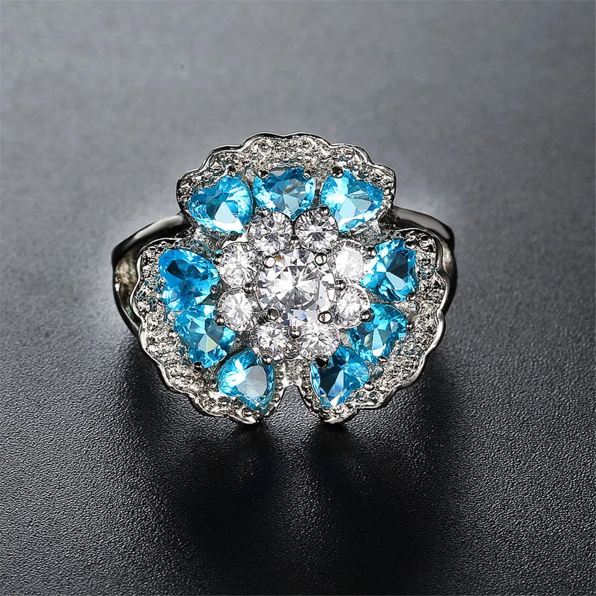 Sea Blue Cubic Zirconia & Crystal Floral Heart Ring