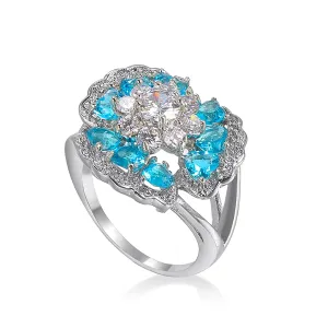 Sea Blue Cubic Zirconia & Crystal Floral Heart Ring
