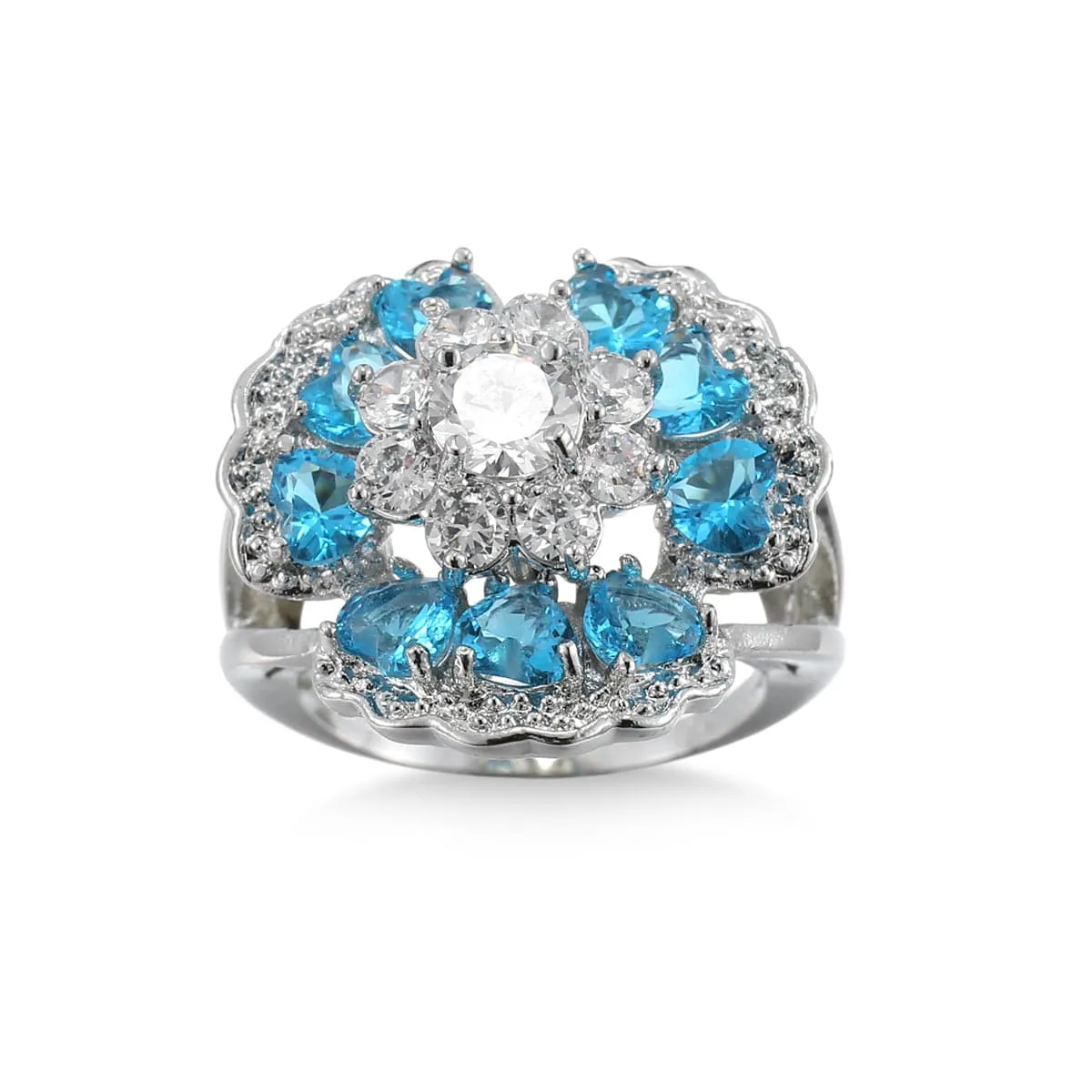 Sea Blue Cubic Zirconia & Crystal Floral Heart Ring