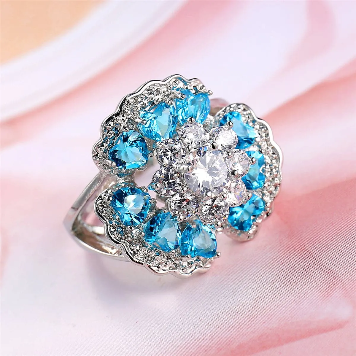 Sea Blue Cubic Zirconia & Crystal Floral Heart Ring