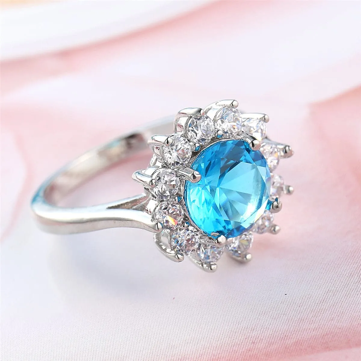 Sea Blue Cubic Zirconia & Silver-Plated Flower Ring