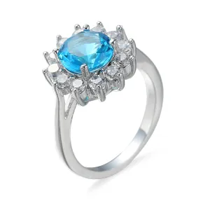 Sea Blue Cubic Zirconia & Silver-Plated Flower Ring
