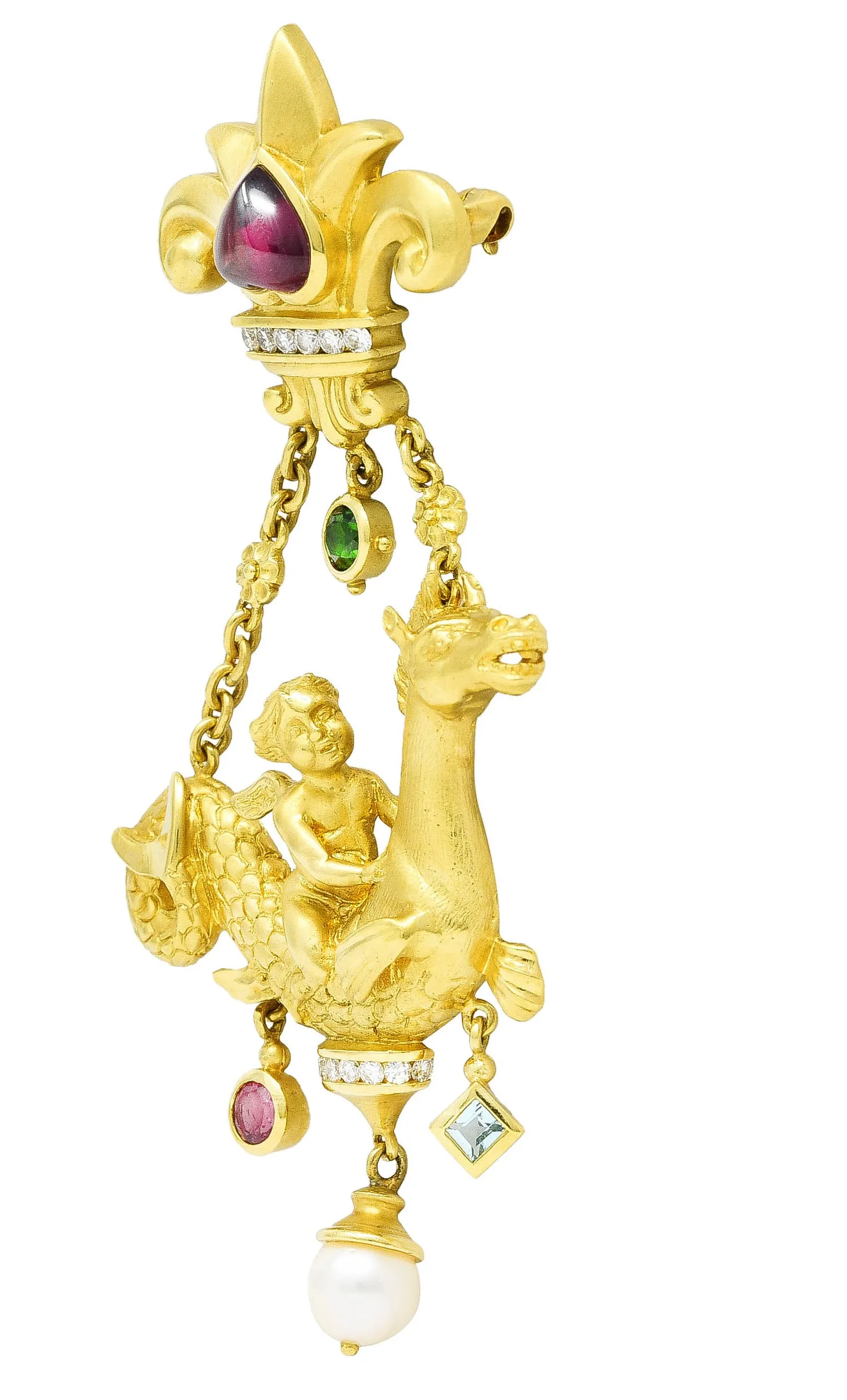 SeidenGang 1980's Diamond Pearl Tourmaline Peridot Aquamarine 18 Karat Yellow Gold Cherub Hippocampus Swagged Vintage Drop Brooch