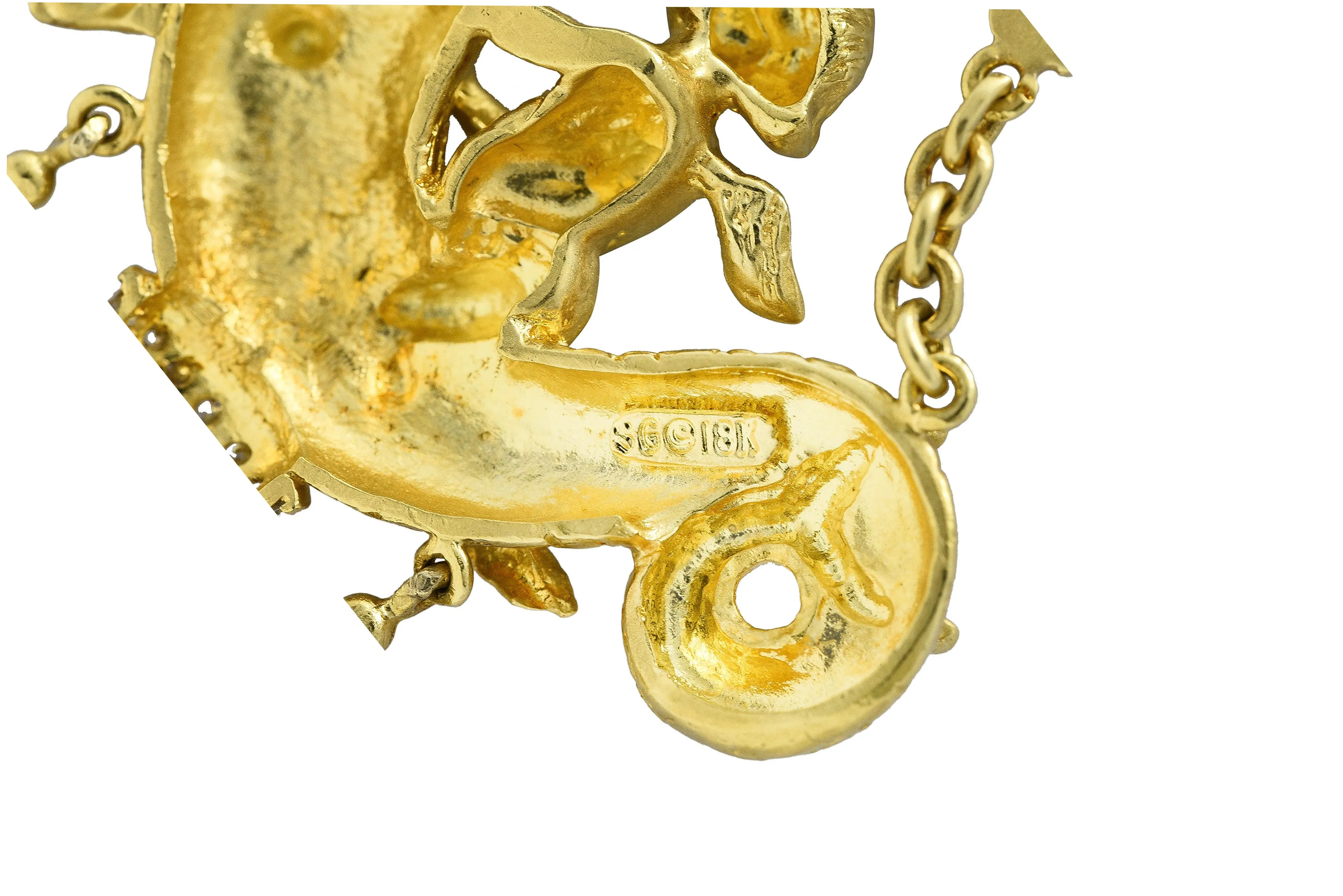 SeidenGang 1980's Diamond Pearl Tourmaline Peridot Aquamarine 18 Karat Yellow Gold Cherub Hippocampus Swagged Vintage Drop Brooch