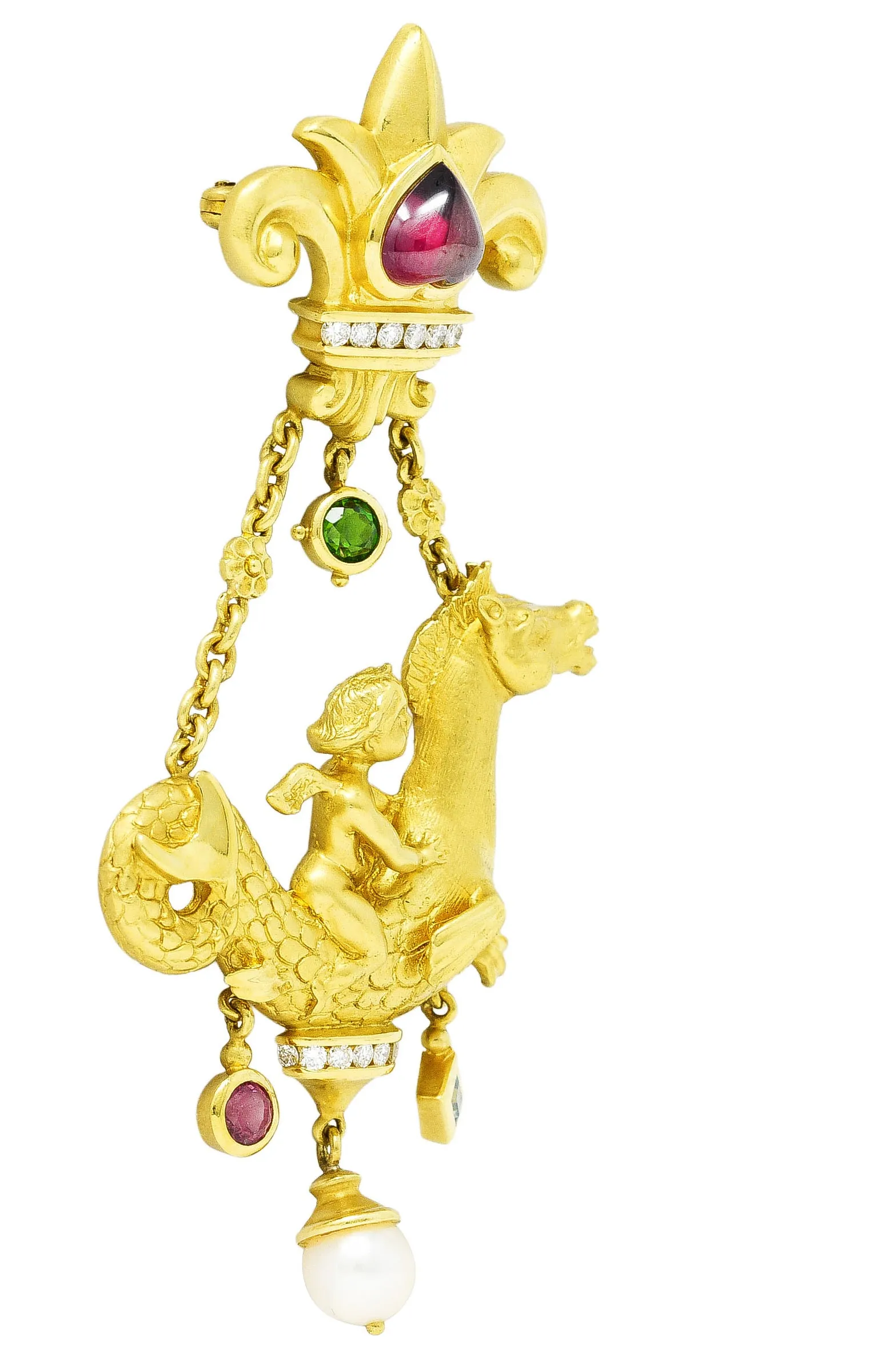 SeidenGang 1980's Diamond Pearl Tourmaline Peridot Aquamarine 18 Karat Yellow Gold Cherub Hippocampus Swagged Vintage Drop Brooch