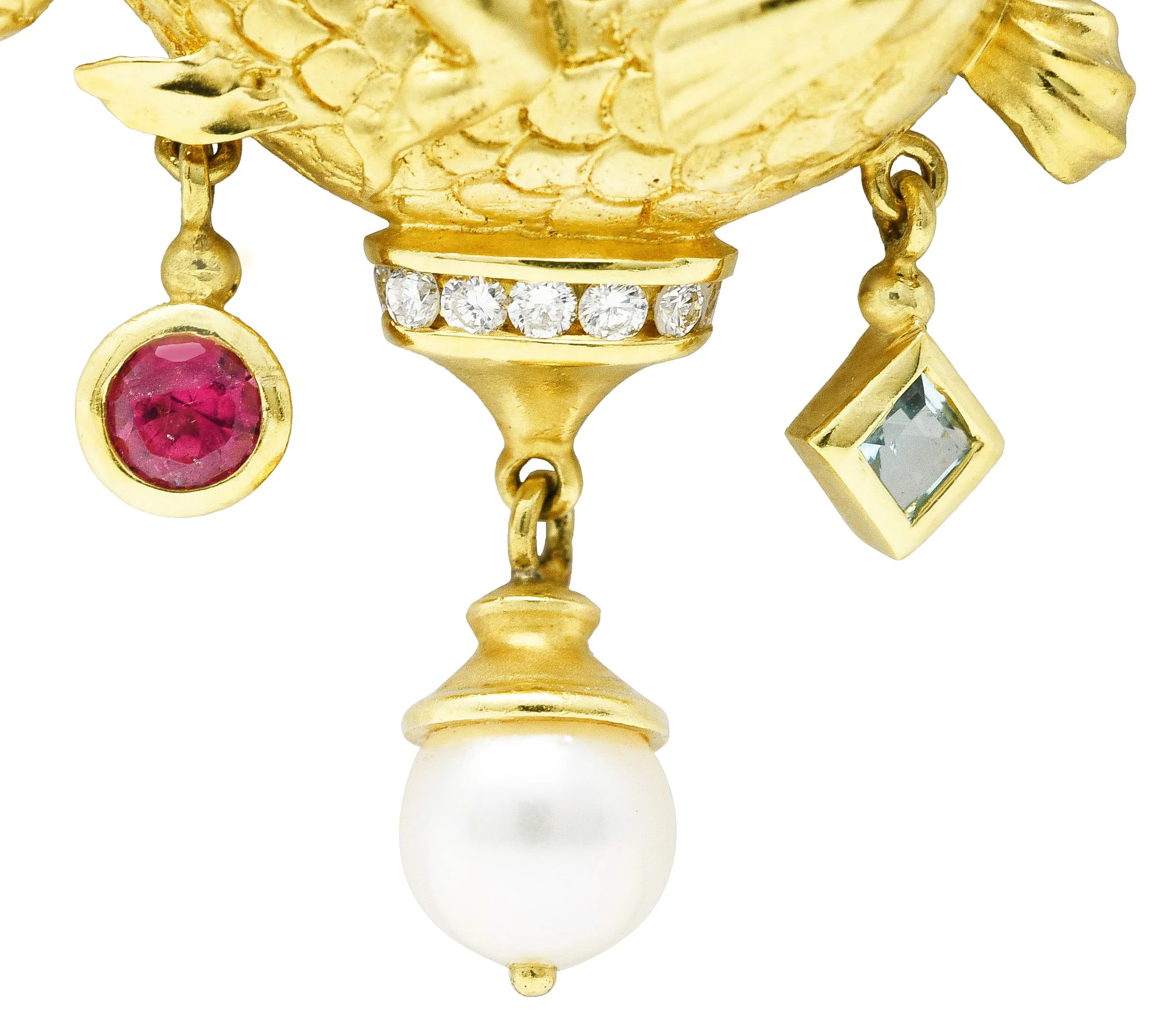 SeidenGang 1980's Diamond Pearl Tourmaline Peridot Aquamarine 18 Karat Yellow Gold Cherub Hippocampus Swagged Vintage Drop Brooch