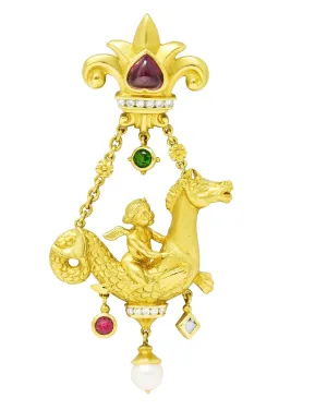 SeidenGang 1980's Diamond Pearl Tourmaline Peridot Aquamarine 18 Karat Yellow Gold Cherub Hippocampus Swagged Vintage Drop Brooch