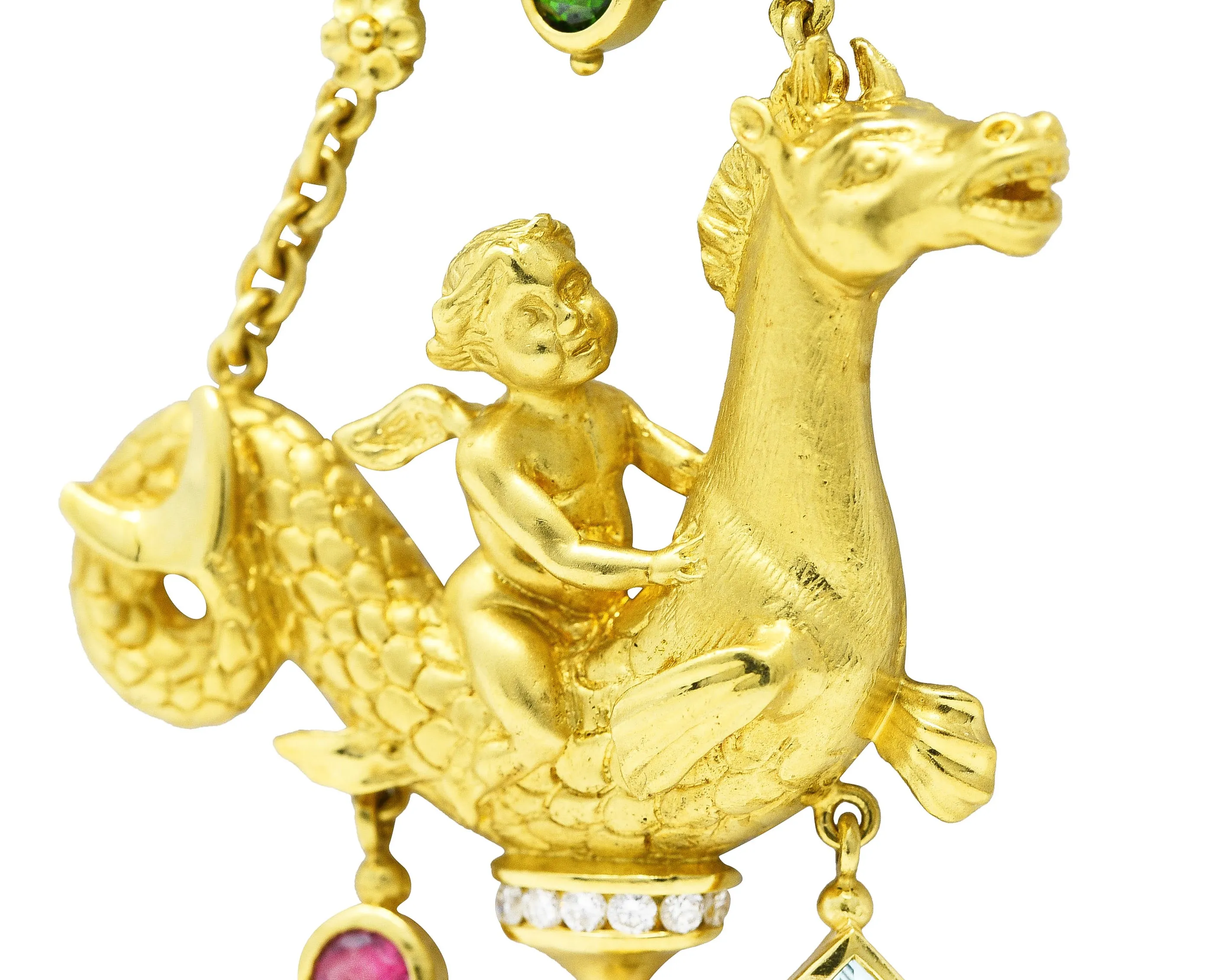 SeidenGang 1980's Diamond Pearl Tourmaline Peridot Aquamarine 18 Karat Yellow Gold Cherub Hippocampus Swagged Vintage Drop Brooch