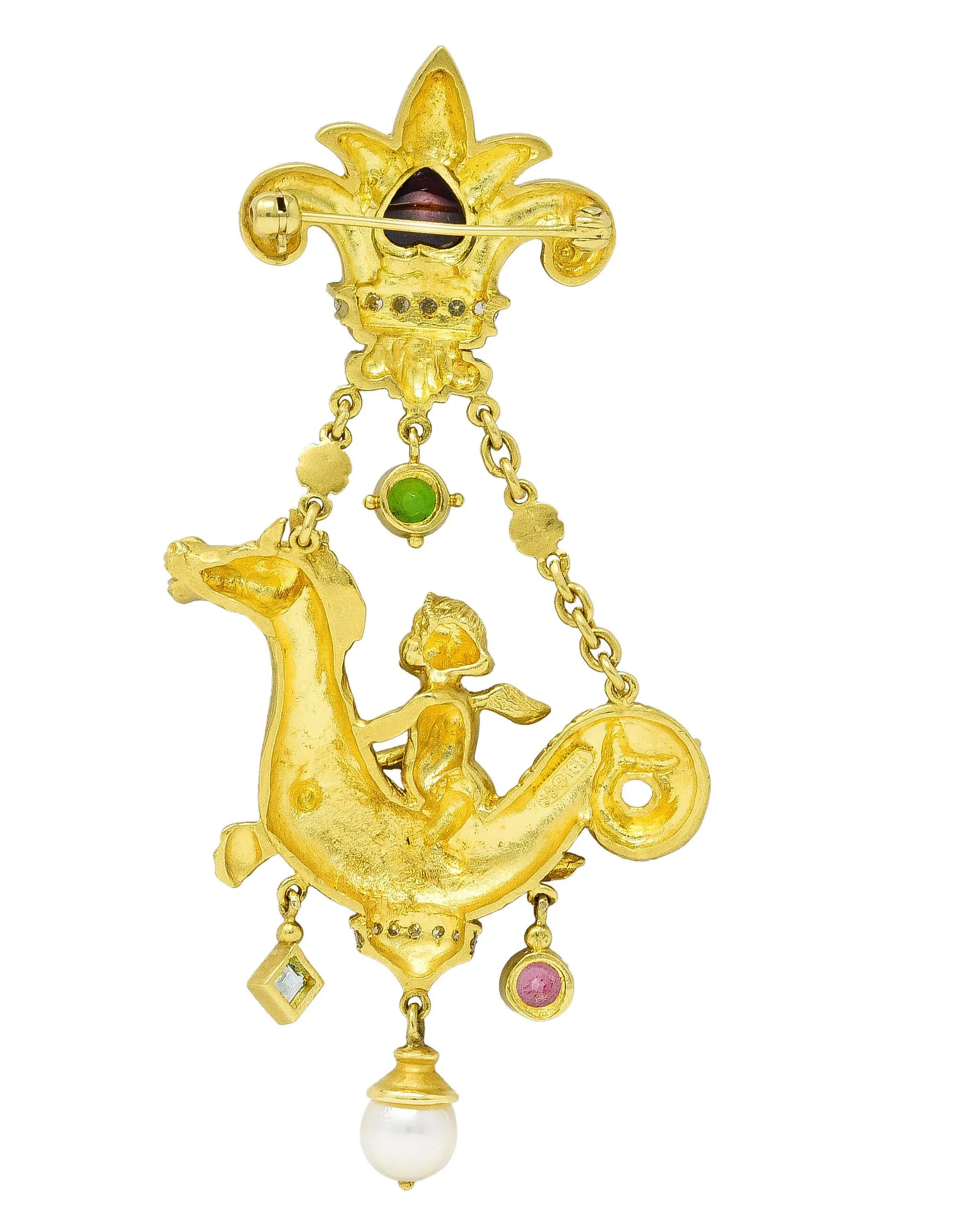 SeidenGang 1980's Diamond Pearl Tourmaline Peridot Aquamarine 18 Karat Yellow Gold Cherub Hippocampus Swagged Vintage Drop Brooch