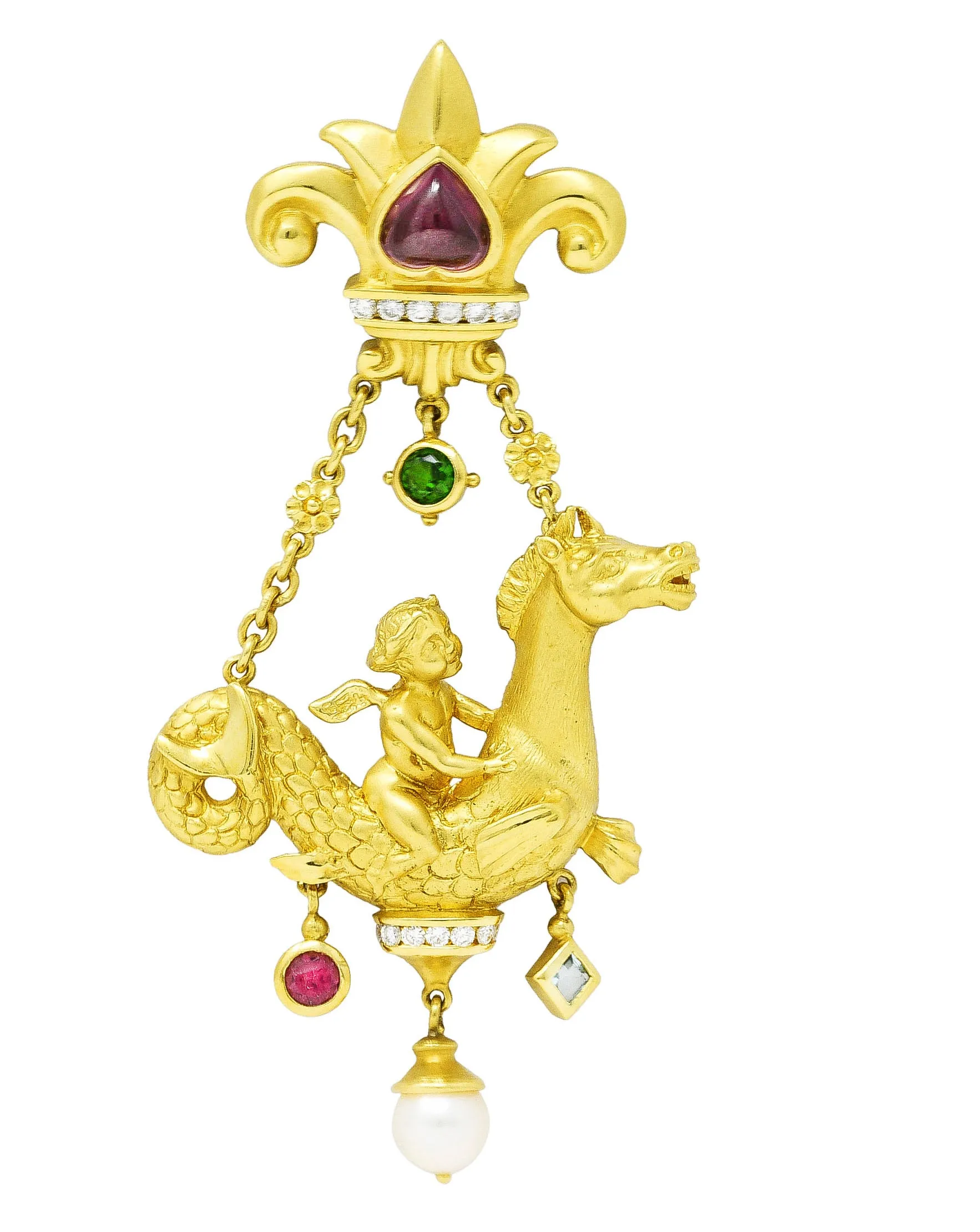 SeidenGang 1980's Diamond Pearl Tourmaline Peridot Aquamarine 18 Karat Yellow Gold Cherub Hippocampus Swagged Vintage Drop Brooch