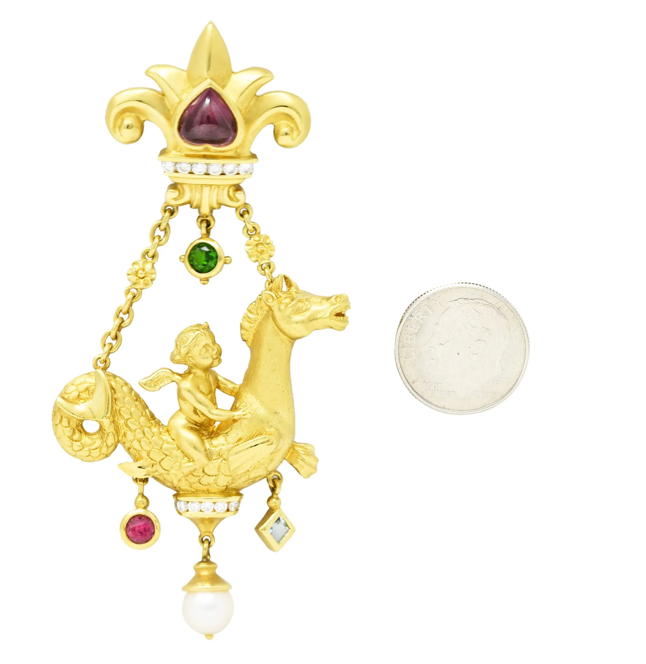 SeidenGang 1980's Diamond Pearl Tourmaline Peridot Aquamarine 18 Karat Yellow Gold Cherub Hippocampus Swagged Vintage Drop Brooch