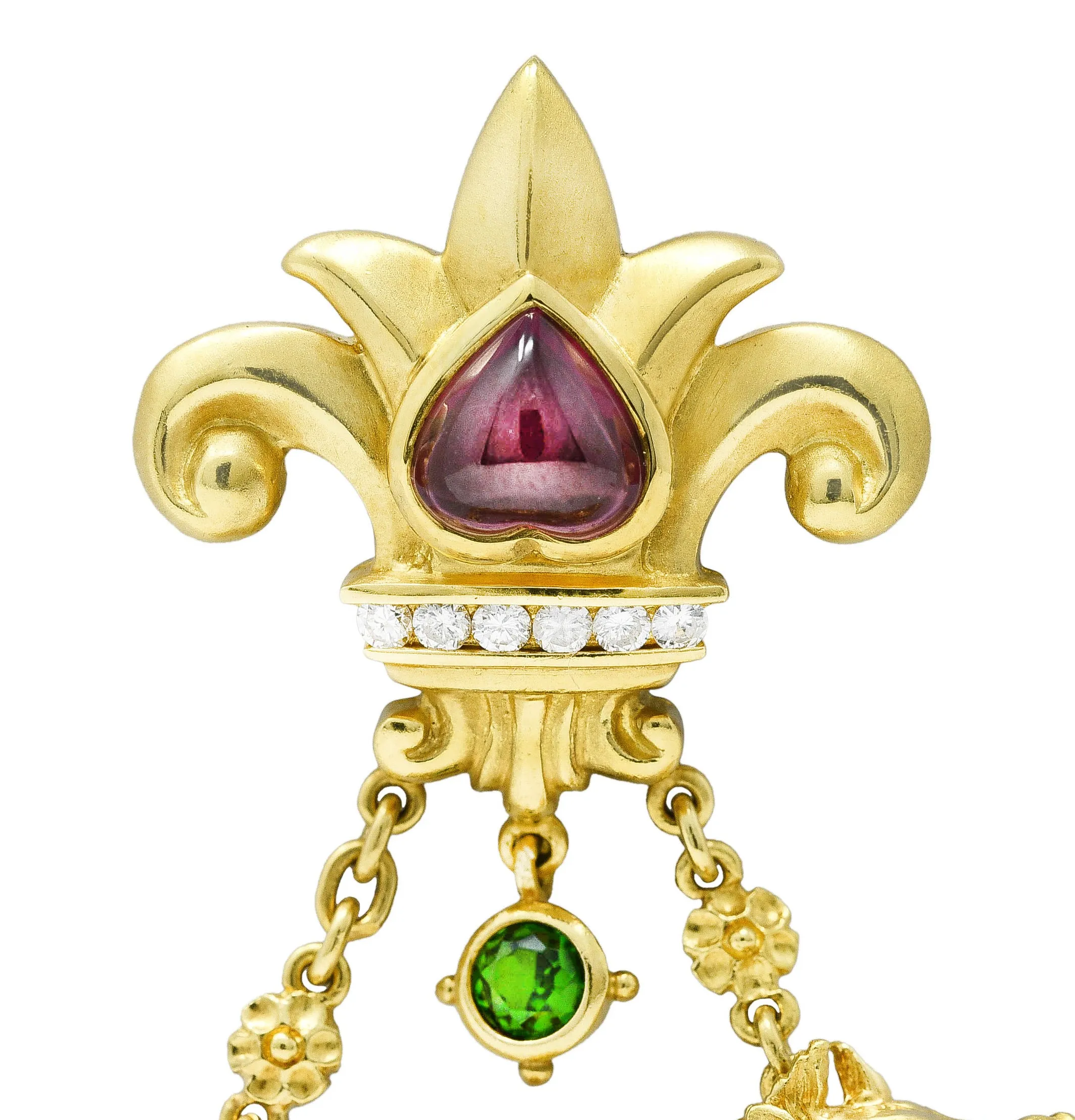 SeidenGang 1980's Diamond Pearl Tourmaline Peridot Aquamarine 18 Karat Yellow Gold Cherub Hippocampus Swagged Vintage Drop Brooch