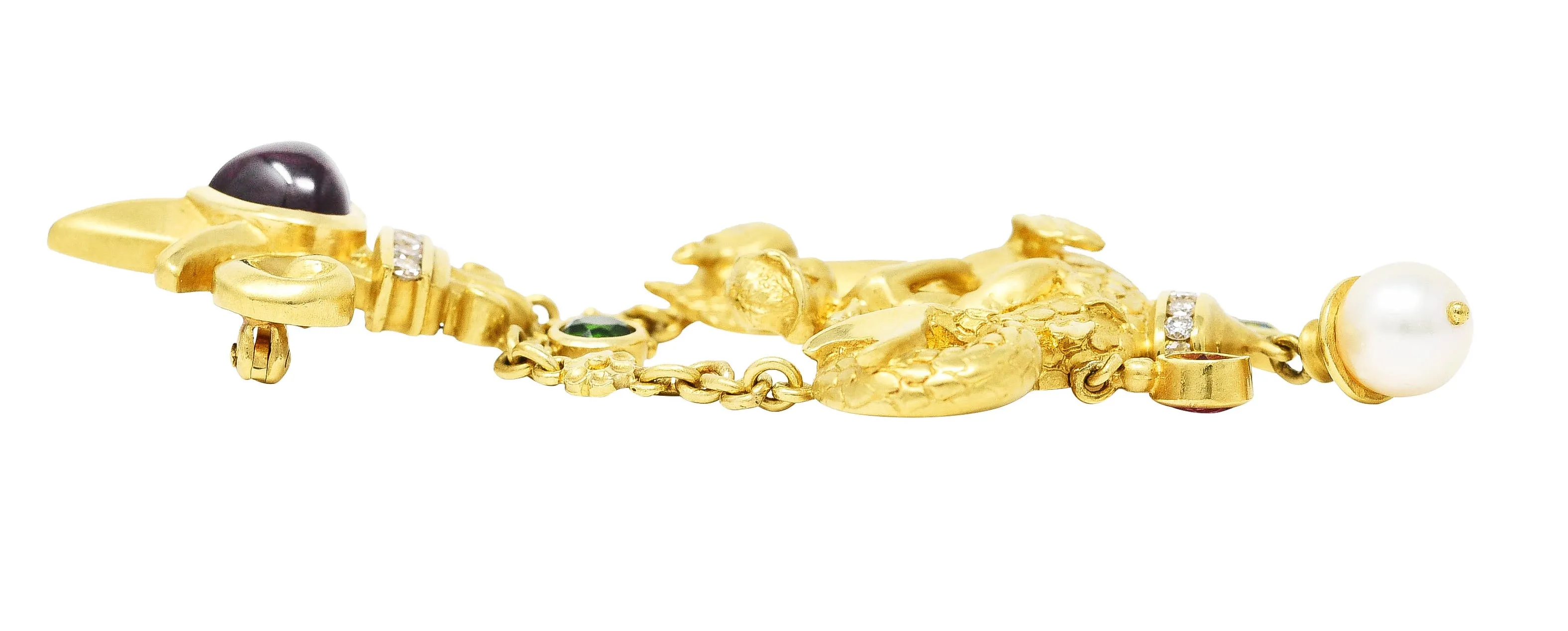 SeidenGang 1980's Diamond Pearl Tourmaline Peridot Aquamarine 18 Karat Yellow Gold Cherub Hippocampus Swagged Vintage Drop Brooch