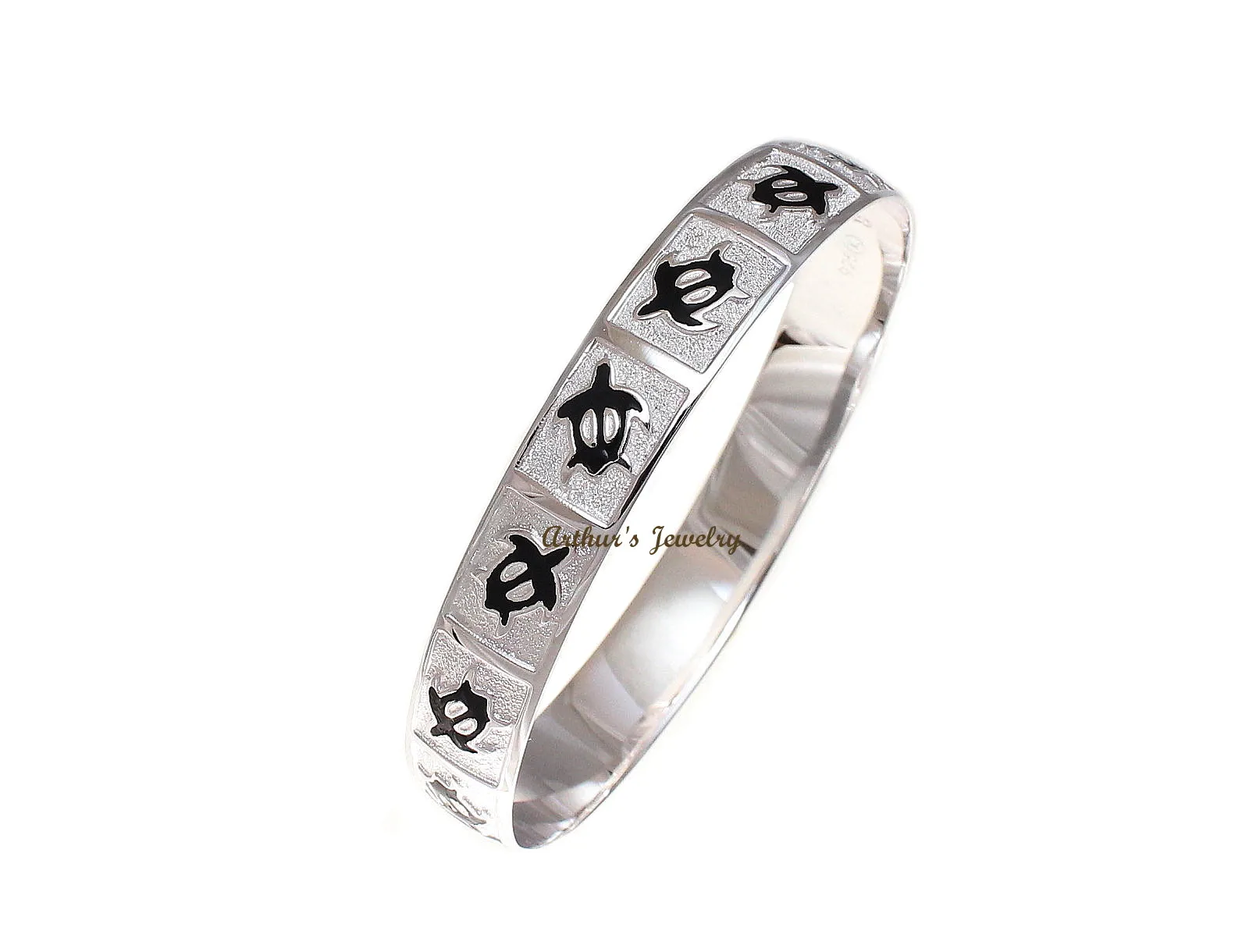 SILVER 925 HAWAIIAN BANGLE BRACELET BLACK ENAMEL HONU TURTLE SMOOTH EDGE 8MM