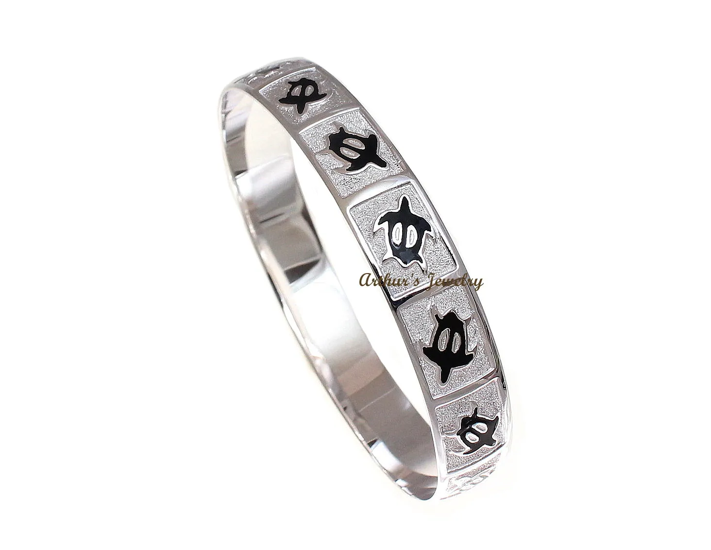 SILVER 925 HAWAIIAN BANGLE BRACELET BLACK ENAMEL HONU TURTLE SMOOTH EDGE 8MM
