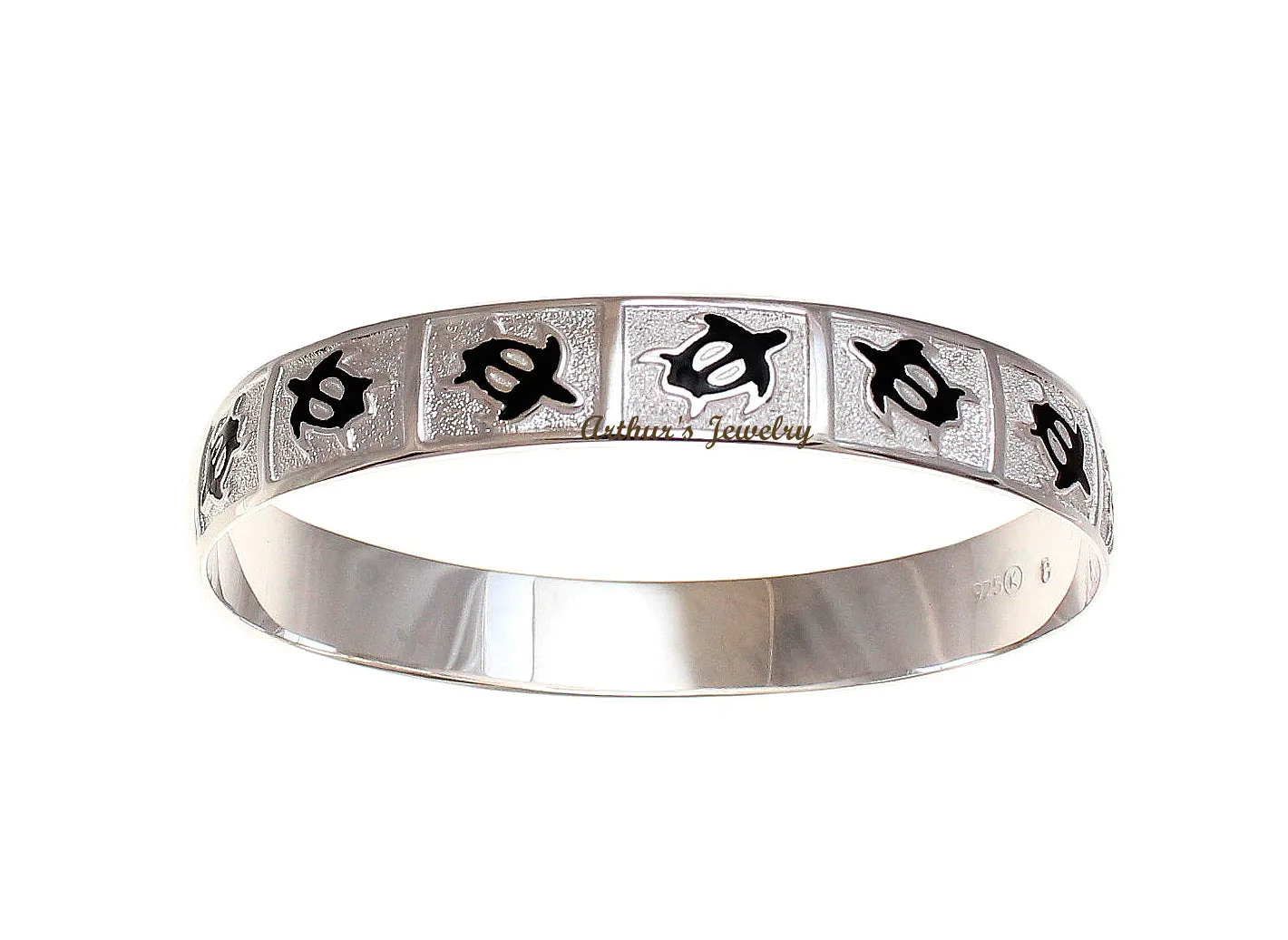 SILVER 925 HAWAIIAN BANGLE BRACELET BLACK ENAMEL HONU TURTLE SMOOTH EDGE 8MM