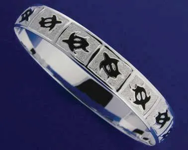 SILVER 925 HAWAIIAN BANGLE BRACELET BLACK ENAMEL HONU TURTLE SMOOTH EDGE 8MM