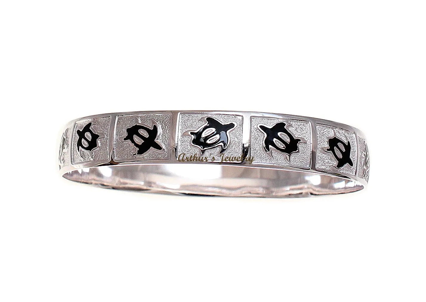 SILVER 925 HAWAIIAN BANGLE BRACELET BLACK ENAMEL HONU TURTLE SMOOTH EDGE 8MM