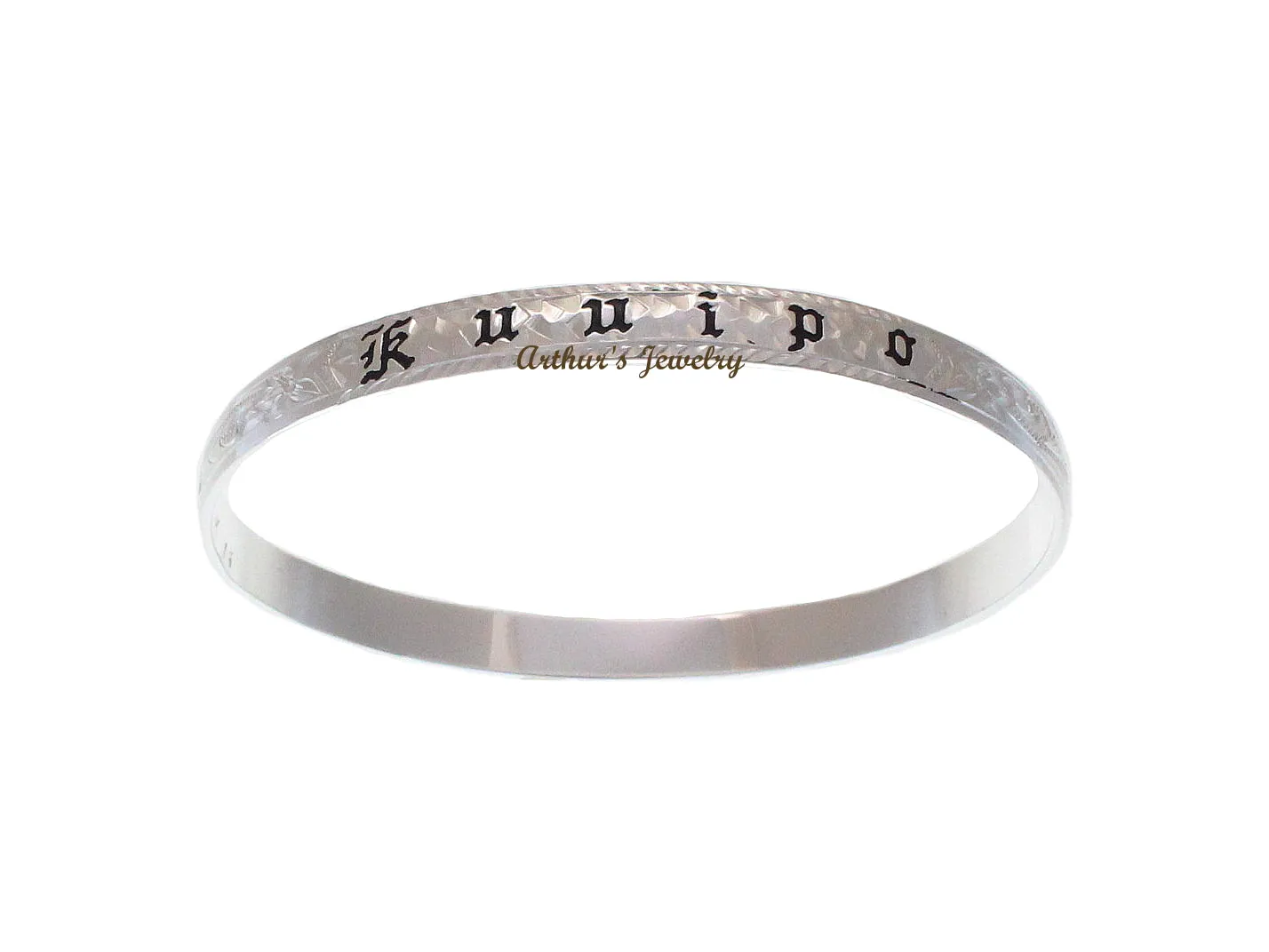 SILVER 925 HAWAIIAN BANGLE BRACELET BLACK ENAMEL KUUIPO SCROLL SMOOTH EDGE 6MM