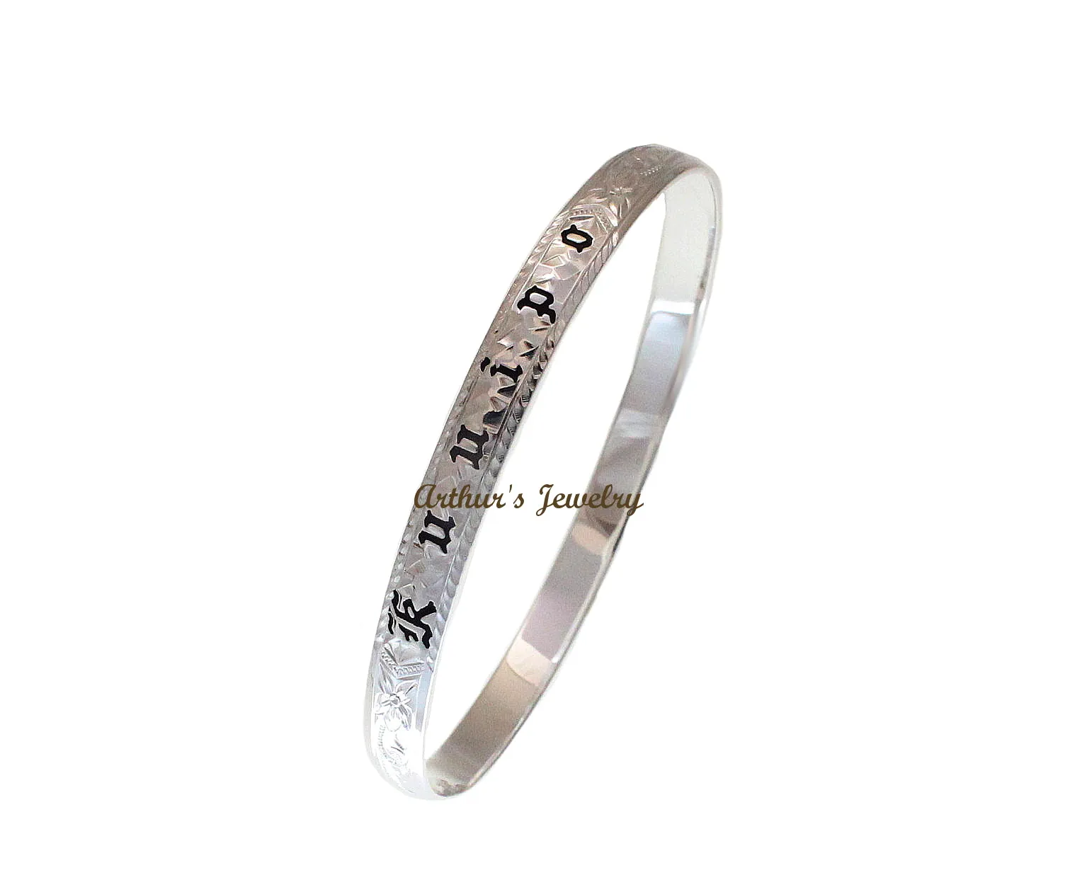 SILVER 925 HAWAIIAN BANGLE BRACELET BLACK ENAMEL KUUIPO SCROLL SMOOTH EDGE 6MM