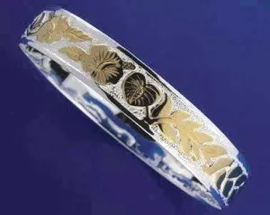 SILVER 925 HAWAIIAN BANGLE BRACELET HIBISCUS ANTHURIUM MAILE SMOOTH 10MM 2 TONE