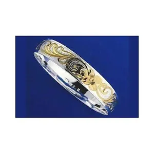SILVER 925 HAWAIIAN BANGLE BRACELET PLUMERIA SCROLL SMOOTH EDGE 8MM 2 TONE