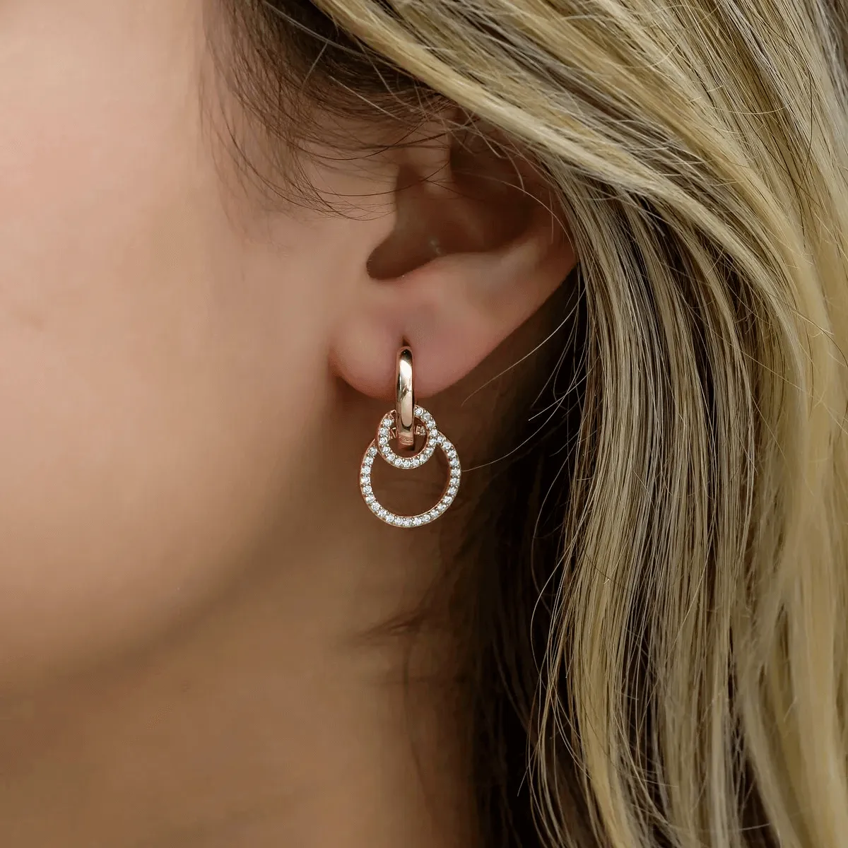 Silver Huggie Hoop Earrings with Dangling Zirconia Circles