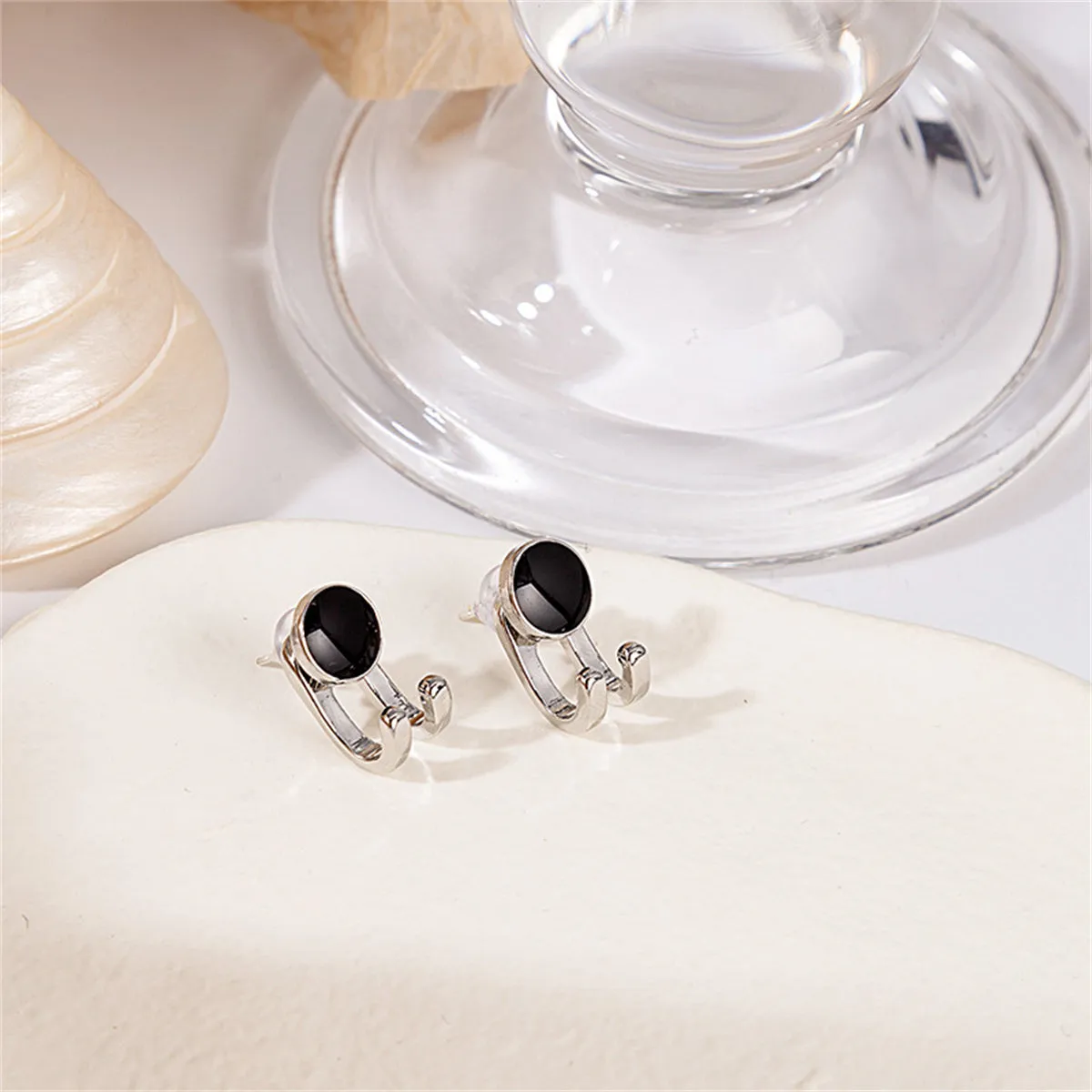 Silver-Plated & Black Hook Ear Jackets