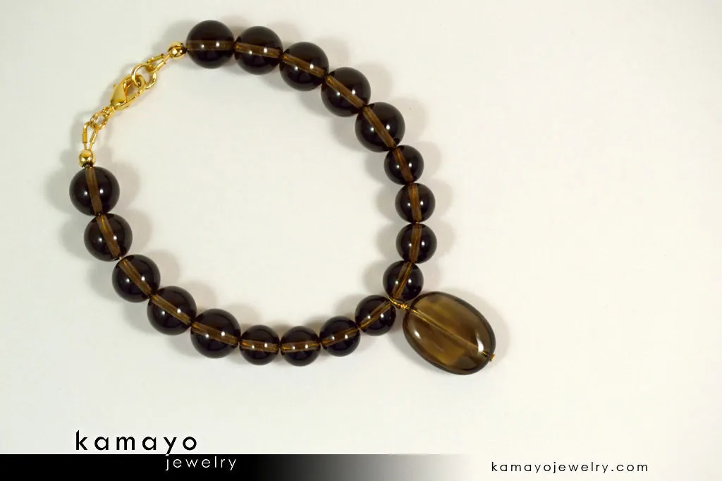 SMOKY QUARTZ BRACELET - Smooth Oval Pendant and Round Beads