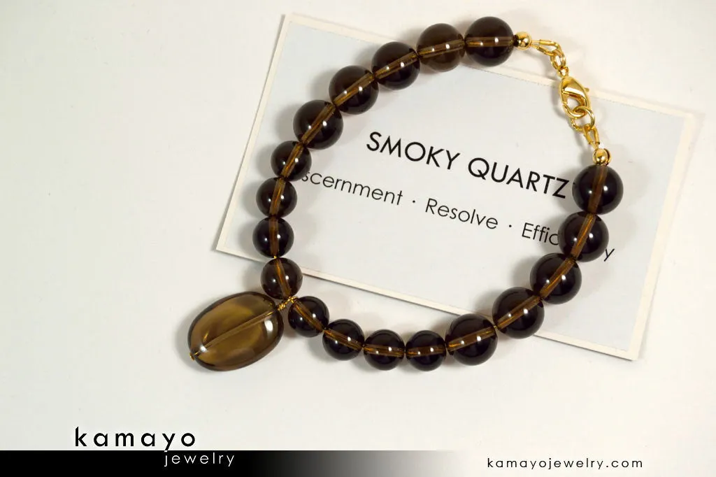 SMOKY QUARTZ BRACELET - Smooth Oval Pendant and Round Beads