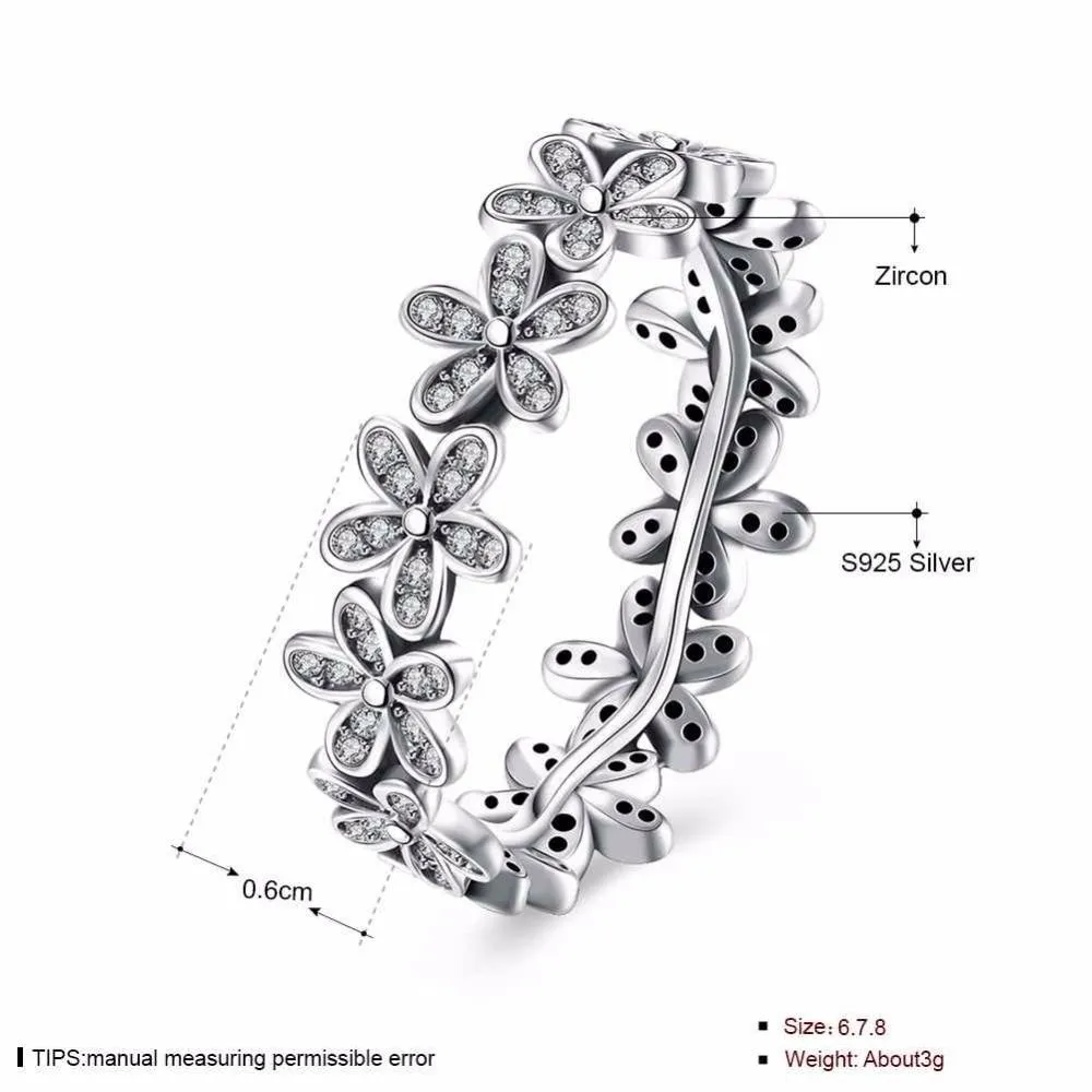 Solid 925 Sterling Silver Flowers Inlaid Zircon Rings for Women, Fashion Jewelry Gift