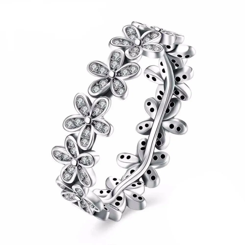 Solid 925 Sterling Silver Flowers Inlaid Zircon Rings for Women, Fashion Jewelry Gift