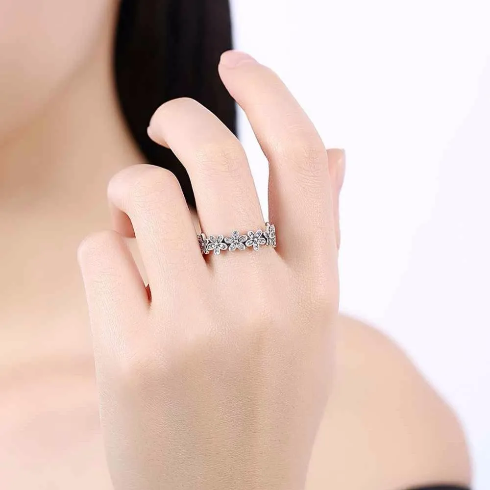 Solid 925 Sterling Silver Flowers Inlaid Zircon Rings for Women, Fashion Jewelry Gift