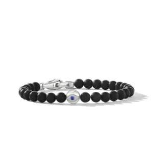 Spiritual Beads Evil Eye Bracelet in Sterling Silver with Black Onyx and Sapphire, Size Medium