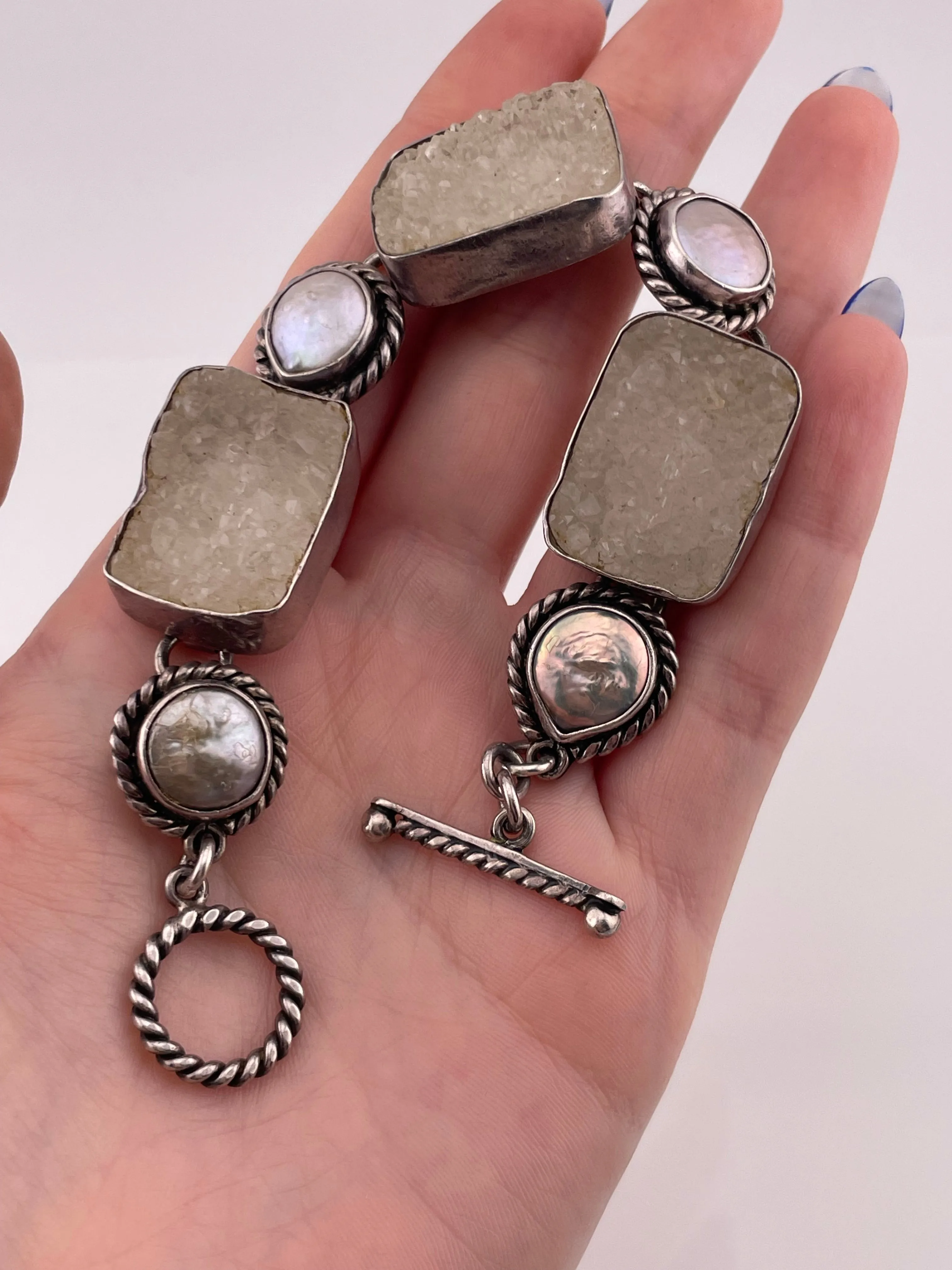 sterling silver 7 1/2" designer Echo of the Dreamer druzy quartz pearl t-bar toggle link bracelet