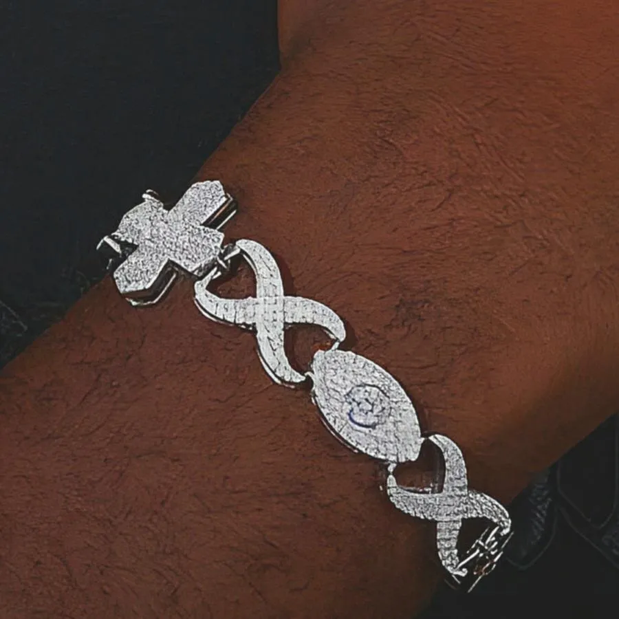 Sterling Silver 925 Cubic Zirconia 12mm Infinity Cross Eye Link 8"-8.5" Bracelet - C300019