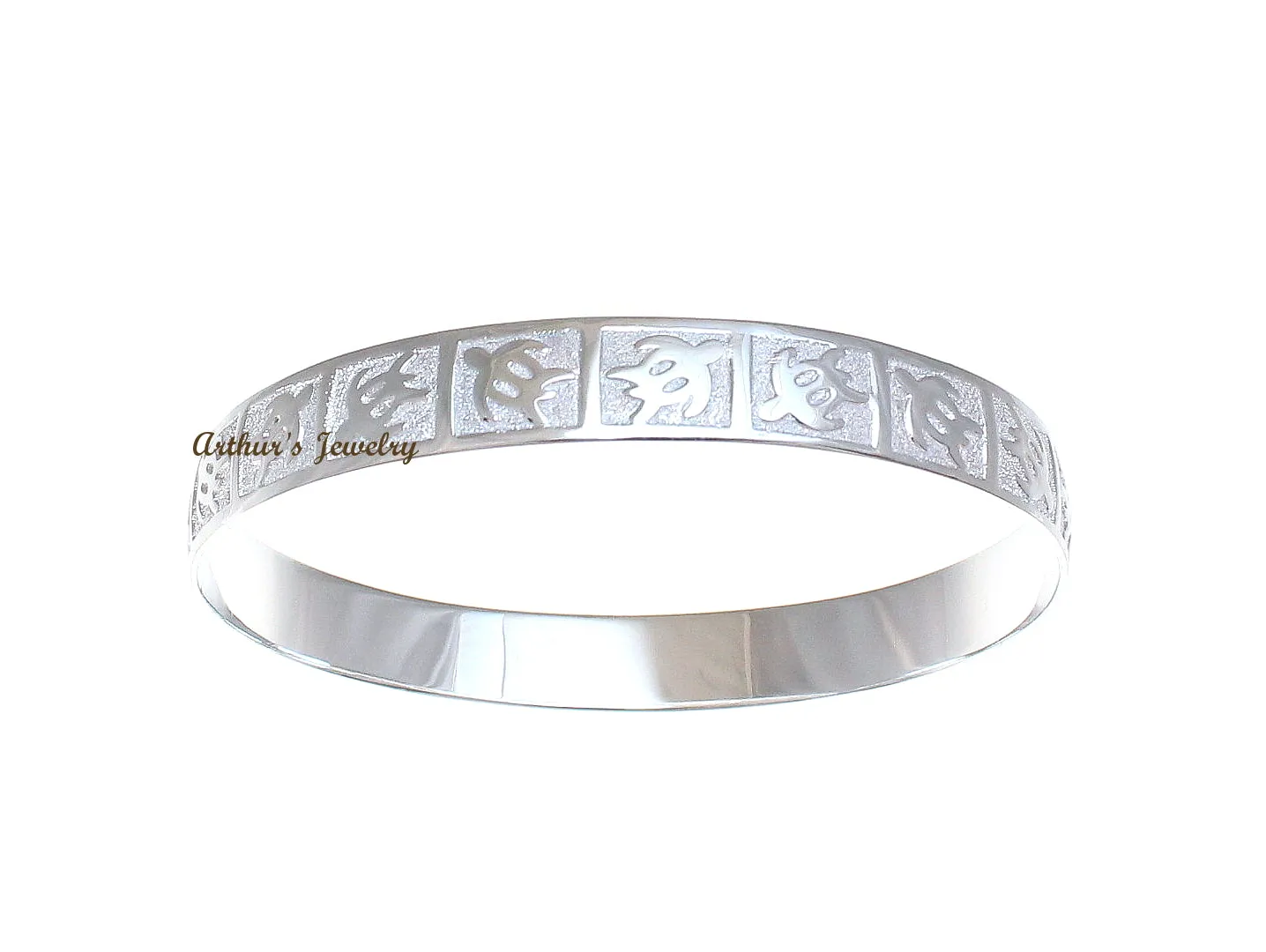 STERLING SILVER 925 HAWAIIAN BANGLE BRACELET RAISED HONU TURTLE 12MM SMOOTH EDGE