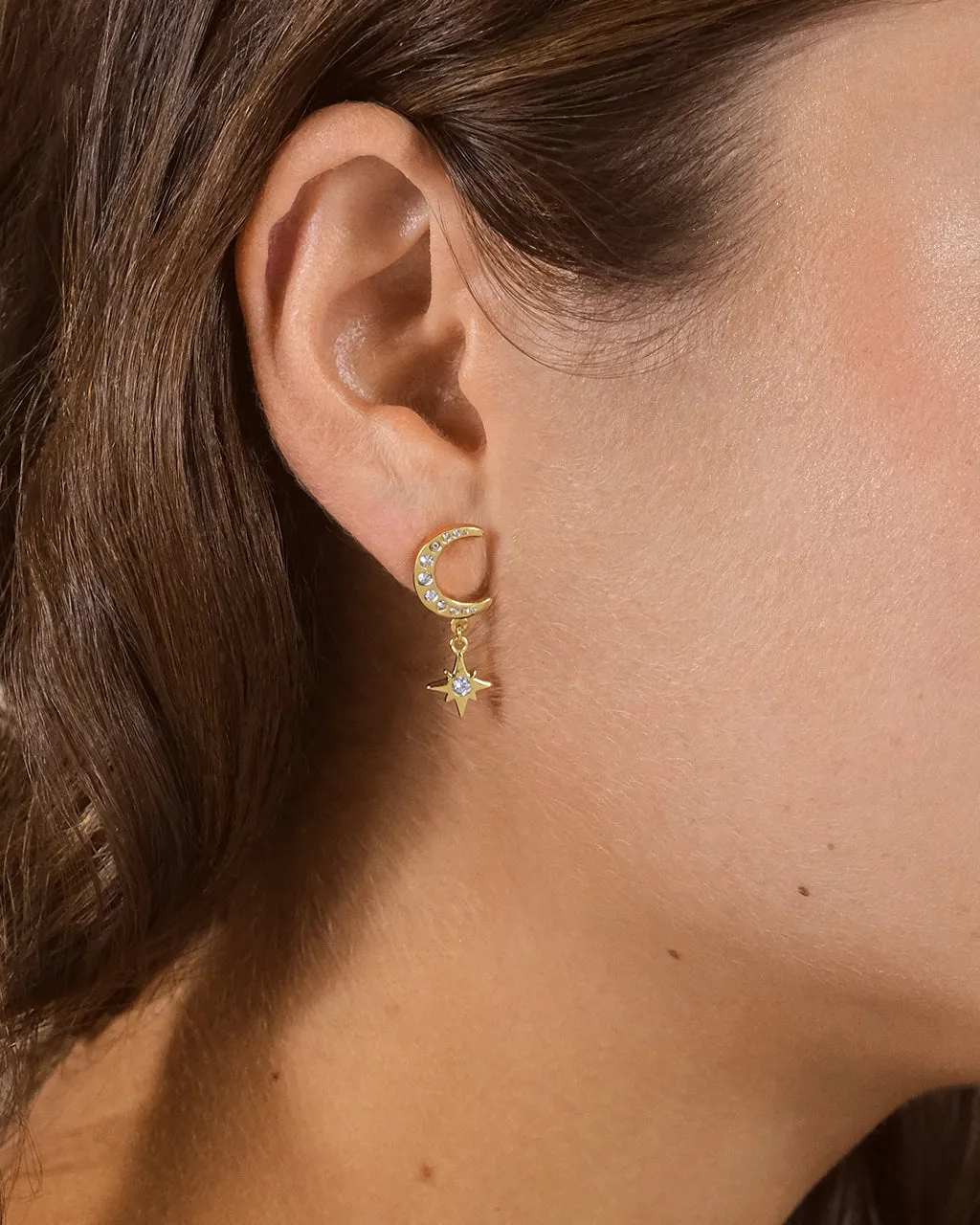Sterling Silver CZ Crescent & Star Drop Studs