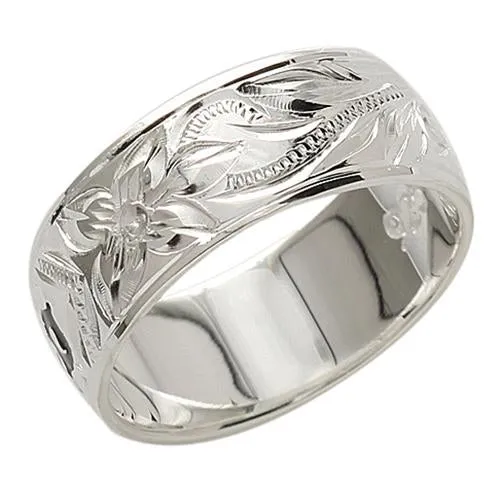 Sterling Silver Hawaiian Scroll Black Enamel Kuuipo (Sweetheart) Smooth Edge Ring 8mm