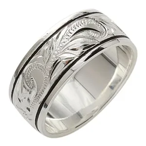 Sterling Silver Hawaiian Scroll with Black Border Smooth Edge Ring 8mm