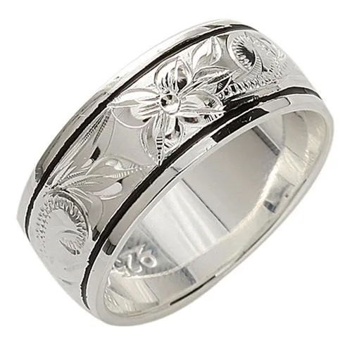 Sterling Silver Hawaiian Scroll with Black Border Smooth Edge Ring 8mm