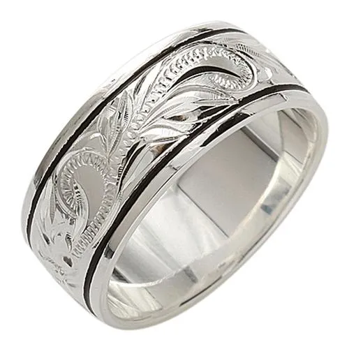Sterling Silver Hawaiian Scroll with Black Border Smooth Edge Ring 8mm