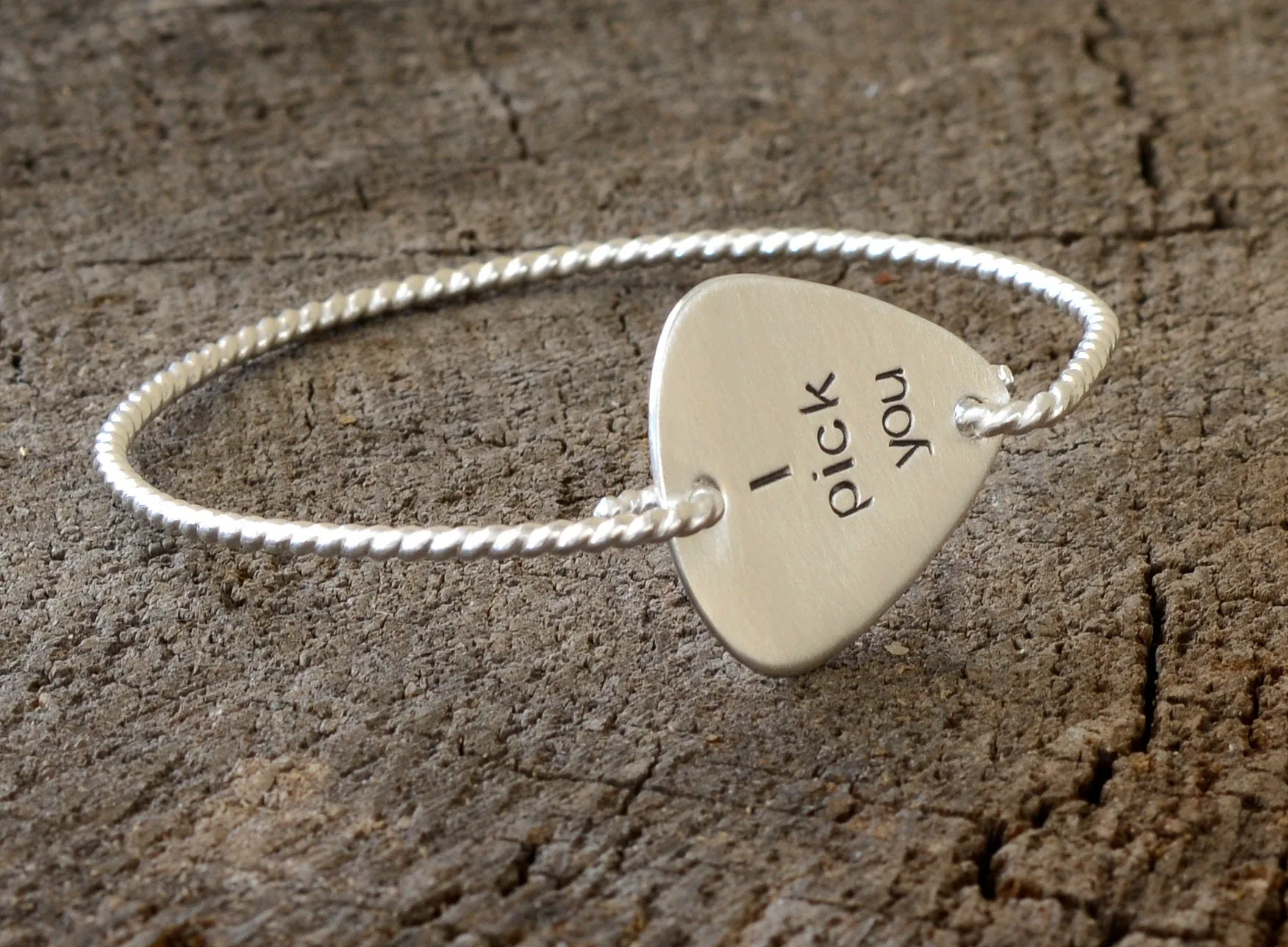Sterling silver I Pick You Guitar Pick set in a tension style bangle