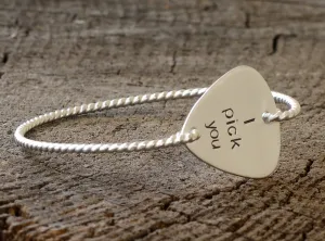 Sterling silver I Pick You Guitar Pick set in a tension style bangle