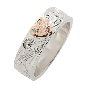 Sterling Silver Rhodium Pink Gold Plated Heart with CZ Smooth Edge Ring