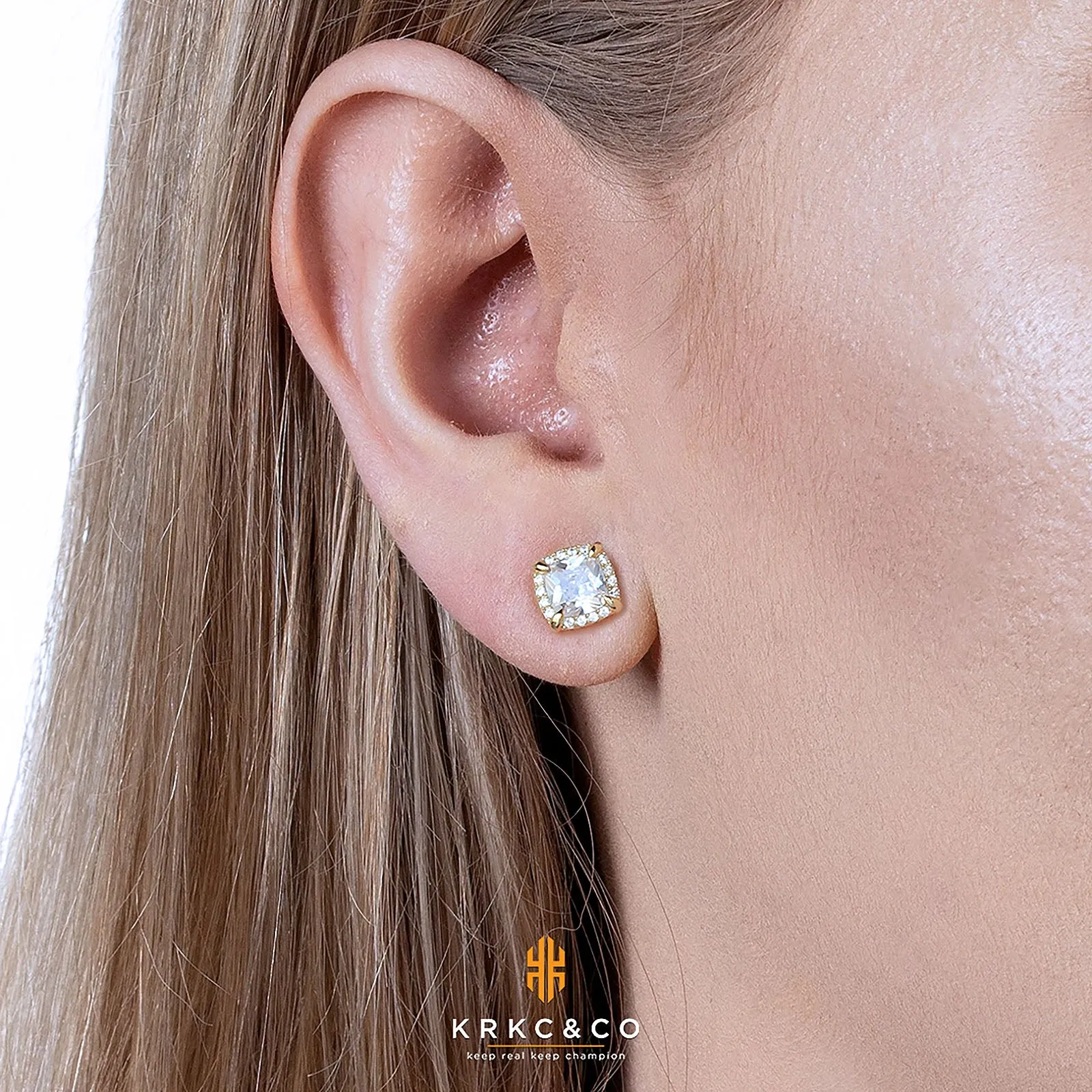 Sterling Silver Stud Earrings, 14K/White Gold Iced Out Men Earrings, Hypoallergenic Earrings