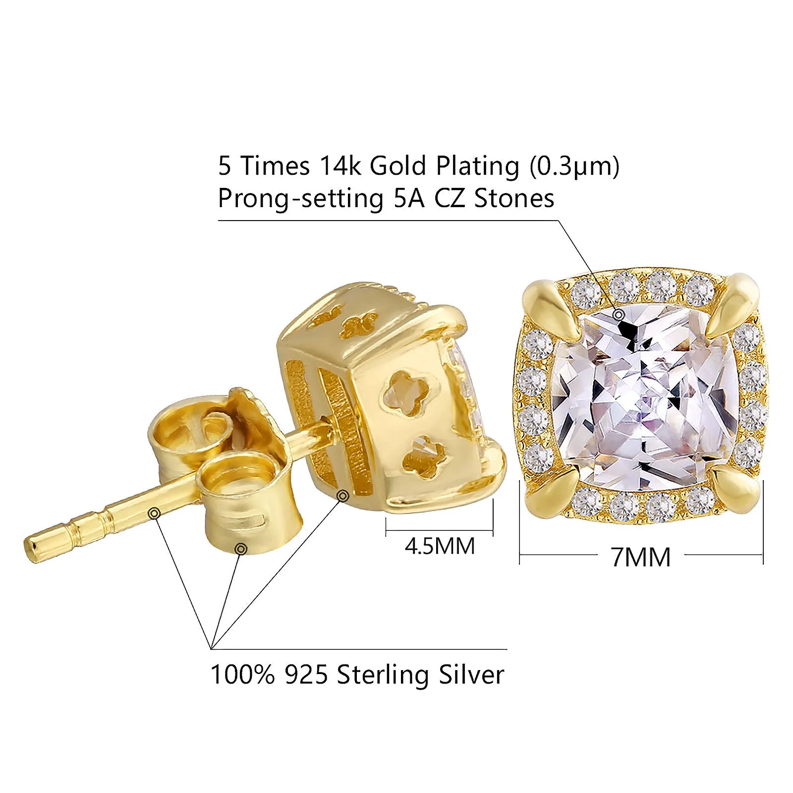 Sterling Silver Stud Earrings, 14K/White Gold Iced Out Men Earrings, Hypoallergenic Earrings