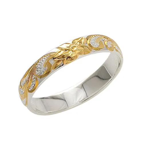 Sterling Silver Two-Tone Yellow Gold Plated Queen Scroll Smooth Edge Ring 4mm